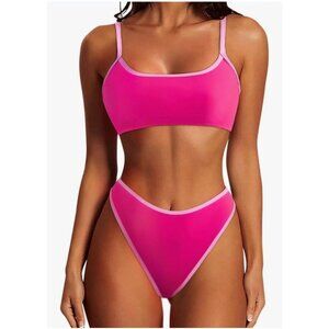 Hot Pink High-Waisted Womens Size S Bikini Set Adjustable Straps Soft Stretchy